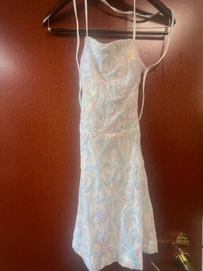 White Sequin Beaded Mini Dress with Pastel Blue Accents